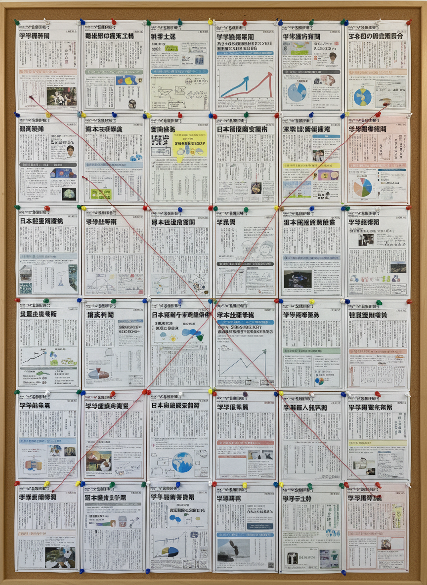 A bulletin board covered in neutral cork, meticulously arranged with multiple issues of “学級新聞” pinned in a grid, each page showcasing different current-events topics with headlines, charts, and hand-drawn weather icons, all in Japanese. Colored pushpins and thin red thread connect related topics across pages, suggesting deeper thinking and discussion. Overhead fluorescent classroom lighting provides even, soft illumination, with faint shadows around the pinned edges creating subtle depth. Captured straight-on with a carefully centered composition and sharp focus from corner to corner, the image has a clean, documentary photographic realism, conveying structure, continuity, and the ongoing dialogue about society that evolves week by week in the classroom.