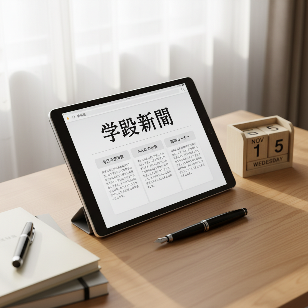 A modern tablet lying on a clean, light-wood desk, its screen displaying a digital “学級新聞” homepage in Japanese, with clear sections for current events, commentary, and Q&A. Around the tablet are neatly stacked notebooks, a capped fountain pen, and a small calendar block turned to the current date, symbolizing timeliness. Soft morning sunlight filters through sheer curtains, reflecting subtly on the tablet’s glass surface and creating gentle highlights on the desk edges. Photographed at a slightly elevated three-quarter angle with shallow depth of field, the tablet interface is crisp while the background fades into a calm blur. The atmosphere is professional, hopeful, and forward-looking, blending traditional newspaper values with digital-age clarity in clean, realistic photographic style.