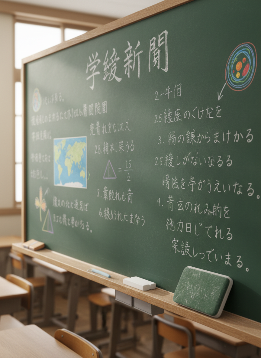 A neatly arranged elementary classroom chalkboard filled with carefully handwritten Japanese headlines about current events, colorful chalk diagrams, and a large, bold title reading “学級新聞”. Below the board, a wooden ledge holds pristine white chalk sticks and a well-used green felt eraser with faint dust. Sunlight from tall classroom windows to the side creates soft, natural highlights across the matte green board, with gentle shadows under the ledge. The mood is thoughtful and professional, evoking curiosity and learning. Photographed at eye level with sharp focus on the board and a subtly blurred background of empty wooden desks, in clean, realistic photographic style that feels calm, organized, and inviting.