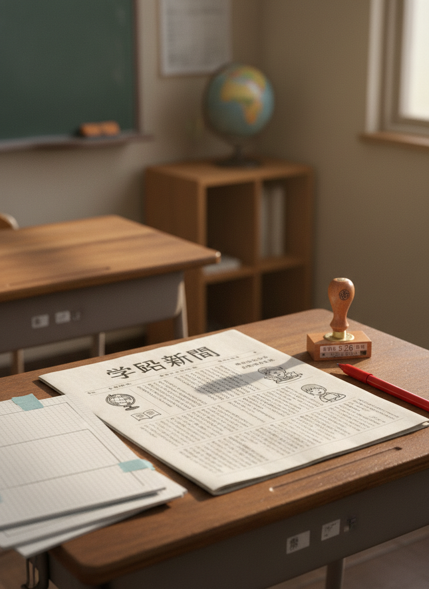 A close-up of a wooden teacher’s desk with a freshly printed “学級新聞” spread open, its neatly typeset Japanese articles on current affairs accompanied by small monochrome illustrations and tidy column lines. Beside it rests a red correction pen, a dated rubber stamp, and a stack of blank layout sheets taped with thin masking tape. Soft afternoon light enters from an unseen classroom window, casting warm, diagonal shadows and creating a gentle sheen on the paper fibers. Shot from a slightly elevated angle with shallow depth of field, the newspaper is in crisp focus while the background fades into a subtle blur of chalkboard green and beige walls, conveying a professional yet warm, reflective atmosphere in realistic photographic style.