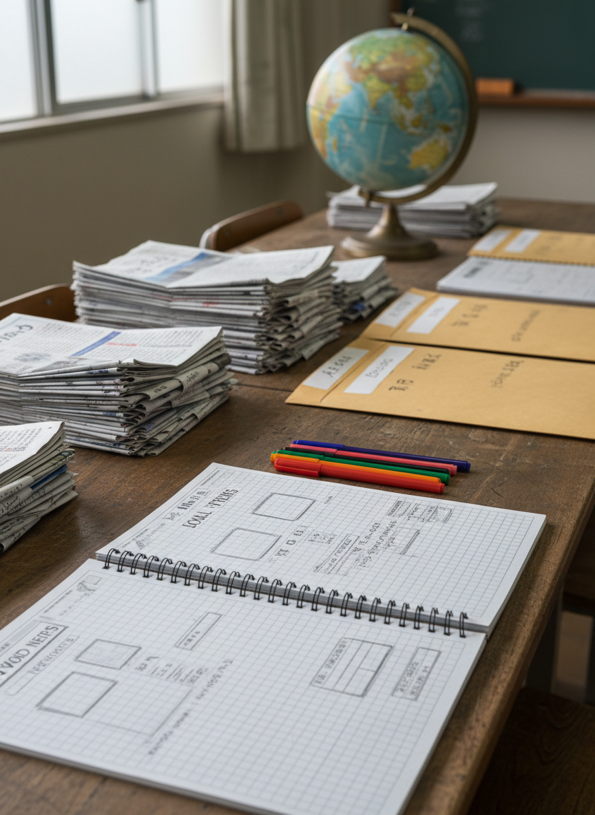 A long, well-used wooden classroom table covered with tools of creating a class newspaper about current events: grid-layout notebooks opened to pencil-sketched page designs, stacks of clipped Japanese newspaper articles sorted into labeled envelopes, colored pens arranged in a straight line, and a small analog world globe turned toward East Asia. Diffused overcast light from a nearby window softly illuminates the scene, minimizing harsh shadows and emphasizing paper textures and wood grain. Shot from a slightly elevated, diagonal angle with a moderate depth of field, the front notebook is in sharp focus while the rear items gently blur. The mood is industrious and contemplative, captured in realistic photographic style that feels organized yet creative, highlighting the behind-the-scenes process of thoughtful journalism education.